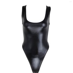 Stage Wear Women Black Patent Leather Sexy Bodysuit Ballet Dancewear Gymnastics Tuchard Mouwloze High Cut Swimsuit Bikini Dance Kostuum