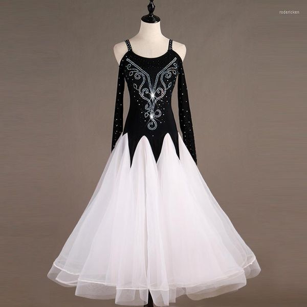 Stage Wear Femmes Noir Blanc Couture Brillant Strass Robe Danse Latine Brodée Roses Adulte Moderne Tango Valse Longue