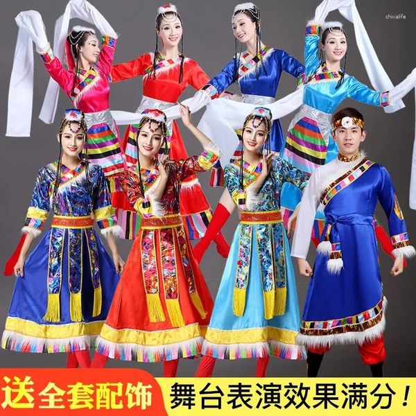 Stage Wear Femmes Chinois Traditionnel Performance Costume Tibétain Danse Vêtements Femme Festival Robe À Manches D'eau Glitter Rave Outfit