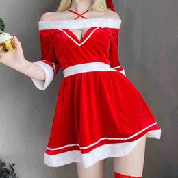 Stage Wear Women Christmas Cosplay Come Sexy Lingeries Winter Off Schouder Hollow Out Red Dress Outfits Lady Santa With Hat Maid Uniform T220901