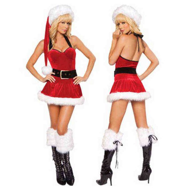 Stage Wear Femmes Noël Dress Up Party Halter Back Mesh Robe d'une seule pièce Body en velours rouge avec chapeau Santa Cosplay Sexy Come Xmas Set T220901