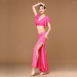Stage Draag Women Dance Belly Deskly V-Neck Lace Oriental Oefen Costuums Set Girls 2PCS Top Split Flared Pants broek broek