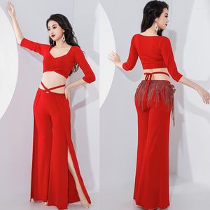 Vêtements de scène femmes vêtements de danse demi manches haut et pantalon fendu 2 pièces ventre formation pratique vêtements de danse vêtements orientaux