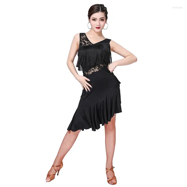 Stage Wear Femmes Vêtements de danse Salsa Samba Front Franges Robe de classe Spandex Dentelle Irrégulière Une pièce Robes latines pour les filles