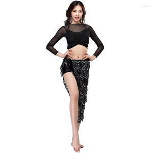 Stage Wear Femmes Vêtements de danse Spandex Stretch Sparkling Squama Belly Costume Set 2pcs sur-jupe paillettes argent hanche écharpe