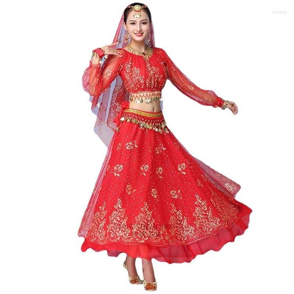 Vêtements de scène femmes danse Sari ventre adulte Bollywood robe Costume tenue Performance vêtements en mousseline de soie à manches longues haut ceinture jupe