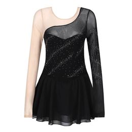 Ropa de escenario para mujer, vestido de patinaje sobre hielo de manga larga, leotardo de gimnasia de Ballet con empalme de malla para actuación, competición, baile Cost229F