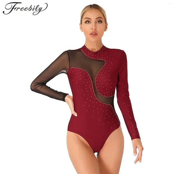 Stage Wear Femmes Costumes de patinage artistique Sheer Mesh Manches longues Danse Justaucorps Brillant Strass Acrobatie Gymnastique Ballet Dancewear