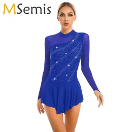 Stage Wear Femmes Figure Patinage Robe de danse Strass Manches longues Ballet Justaucorps Lyrical Costume Ballroom Concours Dancewear