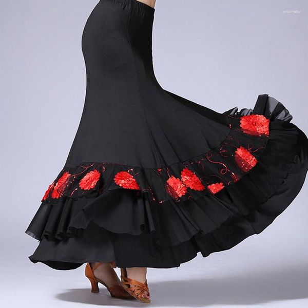 Vêtements de scène femmes Flamenco salle de bal pratique robe espagnol fantaisie danse du ventre Sequin fleur broderie à volants grande aile gitane jupe