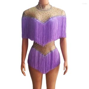 Stage Wear Vrouwen Fringe Latin Dance Turnpakje Paars Roze Kwastje Strass Bodysuit Sexy Prestaties Kleding Nachtclub Feestkostuum