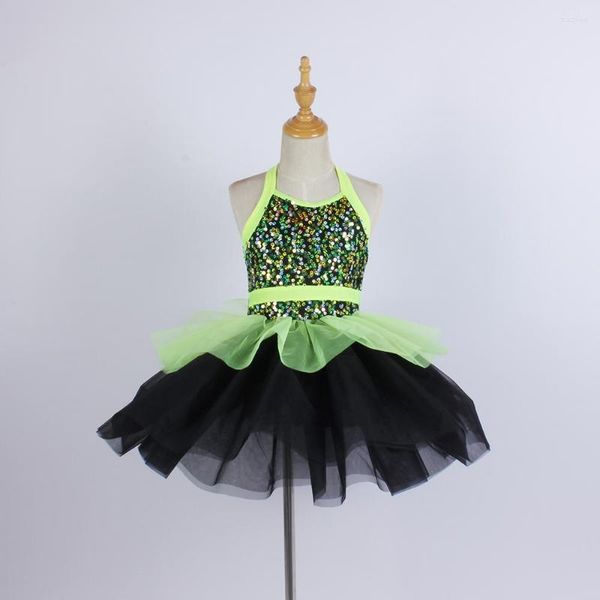 Desgaste de la etapa Mujer Chica Verde Lentejuelas brillantes Danza Leotardo Ballet Tutu Vestido Unitard Lovely Mesh Performance Costume