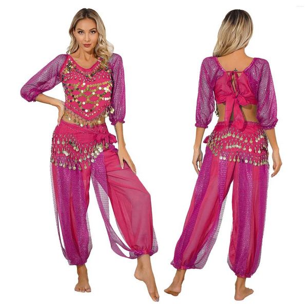 Etapa desgaste mujeres india danza del vientre trajes set sari traje bollywood egipto fiesta rendimiento crop top bombachos cadera bufanda