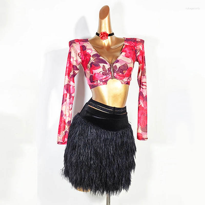 Stage Wear Women Latin Dance Clothing Long Sleeve Crop Tops Black Feather Skirt ChaCha Competition Costume Samba Practice VDB7836