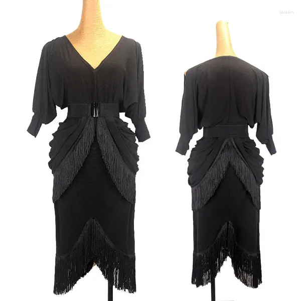 Stage Wear Women Latin Dance Clothing Tassel de Tassel en V Practice Práctica ropa Vestida Black