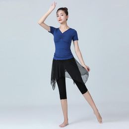 Bühnenabnutzung Frauen Latin Dance Kostüm Hemd und Hose Zweiteiliger Frühlings-Herbst-Übungsanzug Moderne Uniformen Yoga-Kleidung
