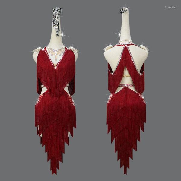 Stage Wear Women Latin Dance Dress Competition Show Custom Adult Children's Red Strass Fringe