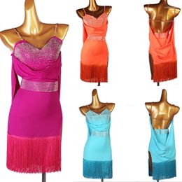 Stage Wear Femmes Robe de danse latine Dames Orange Bleu Rouge Fringe Rumba ChaCha Salsa Crystal Competition LQ231