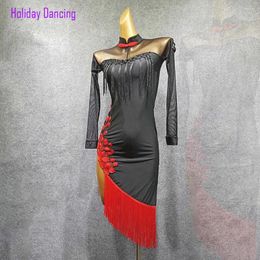 Stage Draag Women Latin Dance Dress Long Sleeve Red Tassel Sexy dansende oefendoek Samba Tango Chacha Performamnce W252