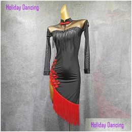 Portez des femmes robe de danse latine à manches longues rouges tassel y dance pratiques de danse samba tango chacha performamnce w252 gouttes livraison otaqe