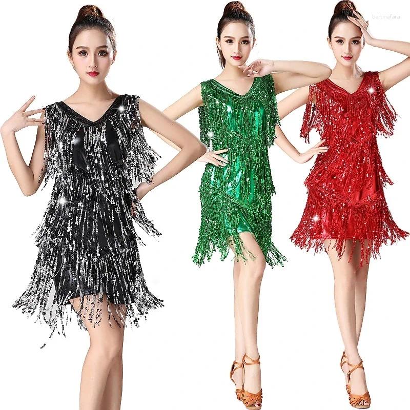 Scene Wear Women Latin Dance Dress Sleeveless paljetter Sparkle BodyCon Dancewear 360-graders Surround Glitter Tassel