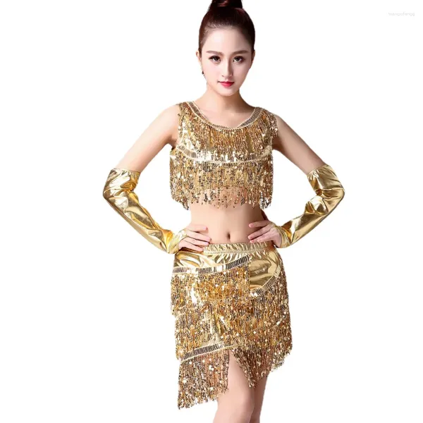 Stage Wear Femmes Danse Latine Brillant Sans Manches Paillettes Frange Haut Court Taille Élastique Paillettes Gland Jupe Ensemble De Compétition