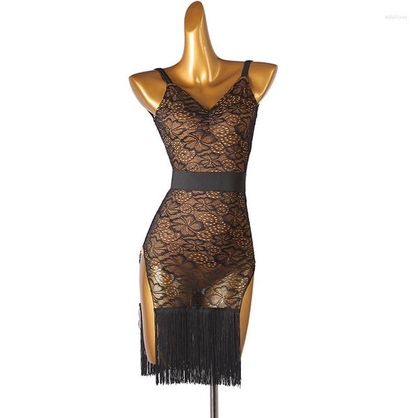 Stage Wear Femmes Jupe de danse latine Noir Sexy Gland Rumba Samba Robe de jeu Adulte sans manches Compétition Robes de danse