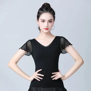 Wear Women Women Dance Latin Top Femme Adulte Clothing à manches courtes Fashion Black National Standard Modern Practice Shirt