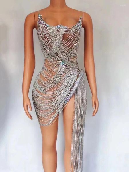 Etapa desgaste mujeres latina dancewear cadena de diamantes de imitación borla sujetador sin tirantes fiesta club nocturno rendimiento vestido de traje de salón