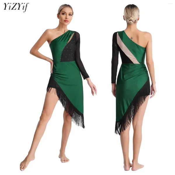 Stage Wear Femmes Latin Tassel Robe de danse Diamond Fringe Salsa Tango Ballroom Dancewear avec short Costume de performance moderne