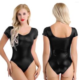 Stage Wear Femmes Métallique Gymnastique Justaucorps À Manches Courtes Wetlook Cuir Verni Ballet Dancewear Body Pour Festival Cosplay Performance