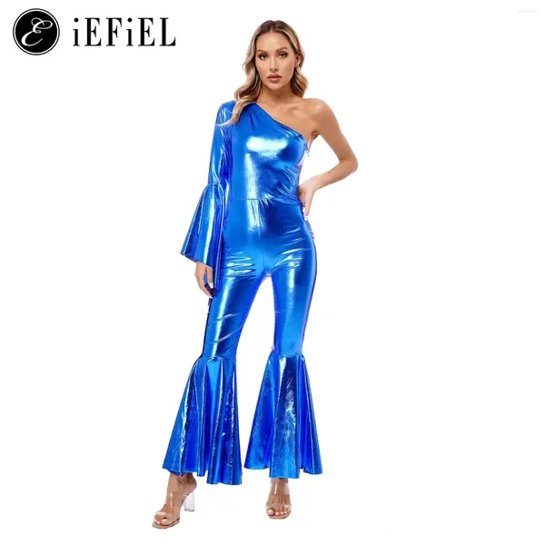 Portez des femmes Metallic One Bell Sleeve Piece Flare Bottoms Assumes Jumps Modern Latin Street Dance BodySuit Rave Party Clubwear