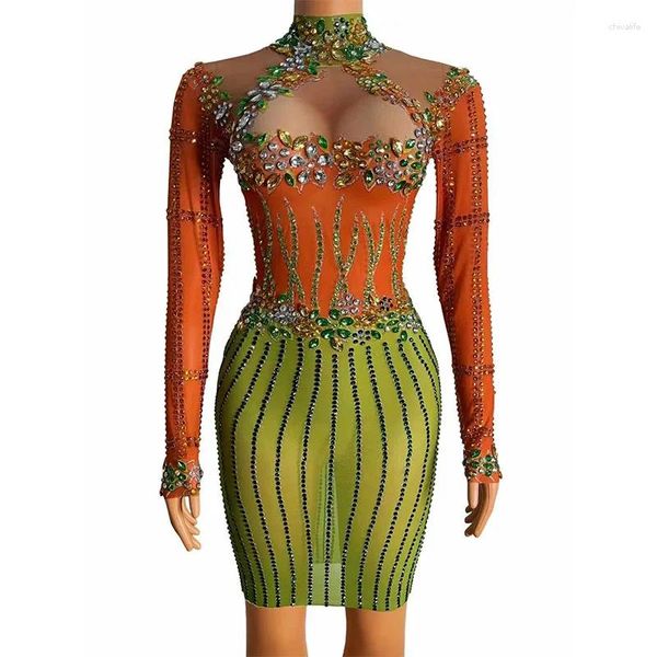 Wear Women Women Orange Green Rignestone Transparent Mesh Robe Dance Dancer Prom Show Costume Evening Anniversaire Célébreuses Dance