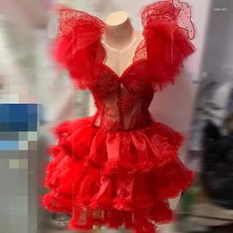 Stage Wear Femmes Robes de soirée Festival Tenues Rouge Puff Dentelle Manches Tutu Robe Femme Chanteuse Gogo Vêtements Bal Clubwear XS6286