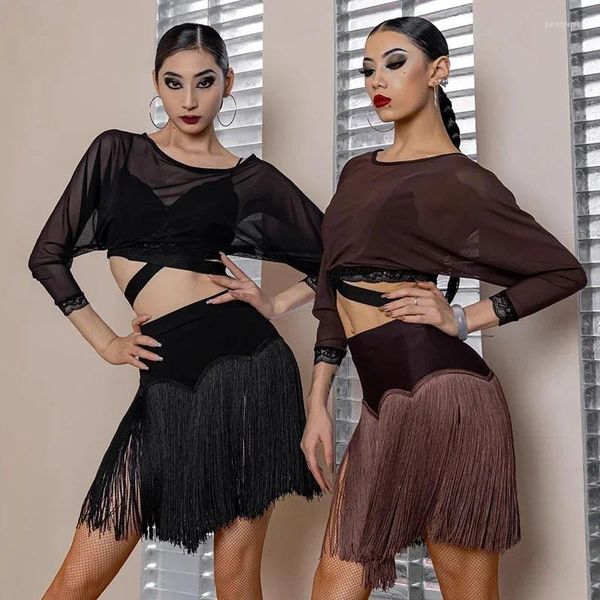 Scary Wear Women Practice les manches de chauve-souris Tops jupe frangée cha rumba danse performance costume vêtements latin