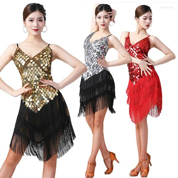 Scène Porter Femmes Professionnel Parti Salle De Bal Latin Tango Moderne Jazz Rumba Salsa Robe De Danse Jupe Pratique Paillettes Frange Gland 9Co