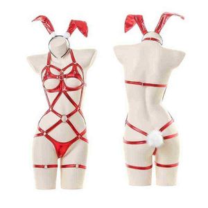 Stage Wear Women Red Christmas Rabbit Cosplay Pak Sexy Bandage Lingerie Faux Leather Latex Bunny Girl Hollow Out Patent Leather Bodysuit T220901
