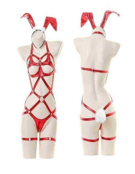 Etapa desgaste mujeres rojo navidad conejo cosplay traje sexy vendaje lencería imitación cuero látex conejito niña ahueca hacia fuera charol B6548188