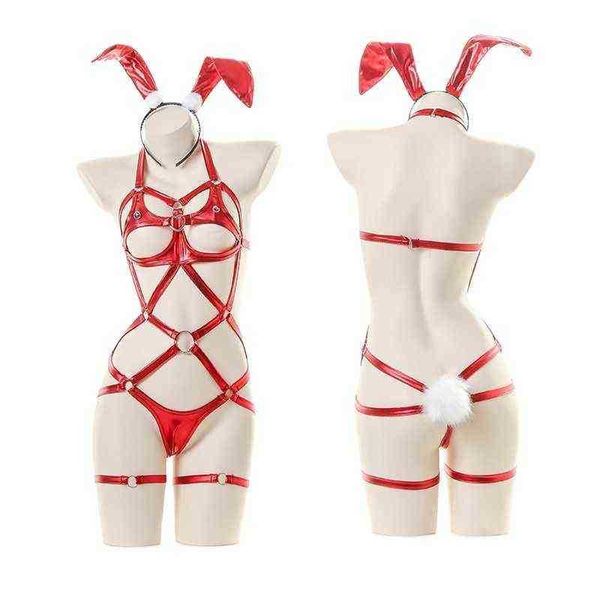 Desgaste de la etapa Mujeres Red Christmas Rabbit Cosplay Traje Sexy Vendaje Lencería Faux Leather Latex Bunny Girl Hollow Out Charol Body T220901