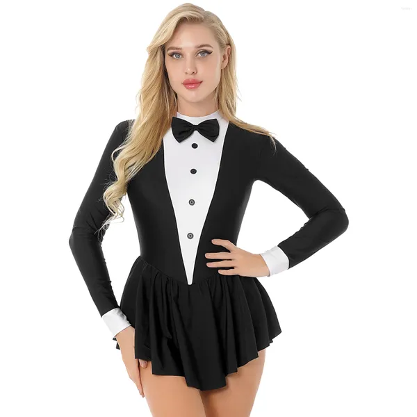 Stage Wear Robe de danse de ballet pour femmes Tuxedo Costume de jeu de rôle Contraste Couleur Manches longues Body de gymnastique Justaucorps Ballerine Dancewear