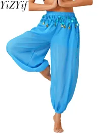 Stage Wear Costume de danse du ventre pour femmes, pantalon en mousseline de soie, fendu sur le côté, paillettes brillantes, Harem Bloomers, pantalon d'halloween arabe fantaisie
