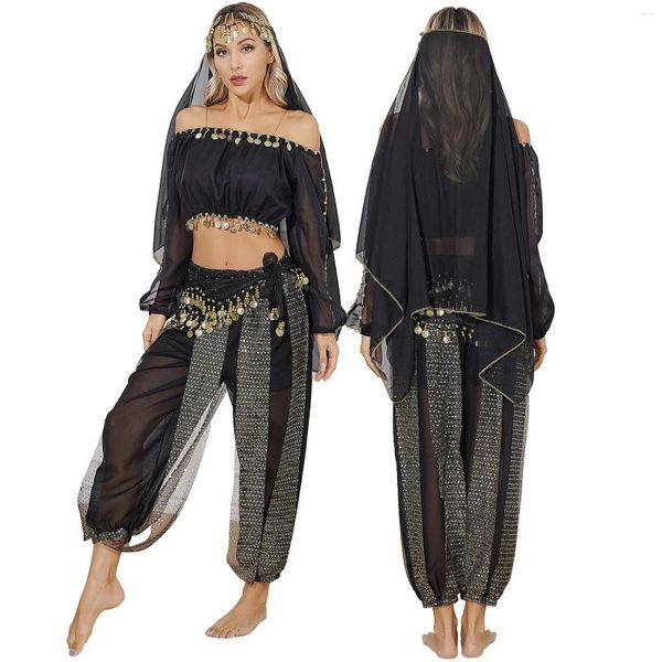 Etapa desgaste traje de danza del vientre de las mujeres conjunto bollywood halloween vestido de lujo top pantalones harem cadera bufanda velo árabe