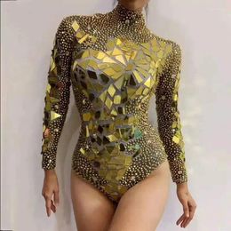 Stage Wear Women's Birthday Party Outfit Dance Costume Bar Show Bodysuit Performance Sparkly Silver Rhinestones Mirrors Leotard