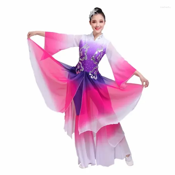 Etapa desgaste traje clásico de las mujeres adulto elegante ventilador danza paraguas yangko rendimiento étnico