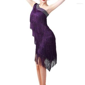 Stage Wear Vrouwen Pailletten Elegante Een Schouder Latin Dans Jurk Volwassen Sexy Kwastje Fringe Flapper Ballroom Cocktail Kostuum