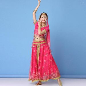 Ropa de escenario para mujer, conjunto de ropa de danza del vientre con lentejuelas, Tops cortos con estampado Floral dorado, faldas largas Maxi, traje de actuación de la India