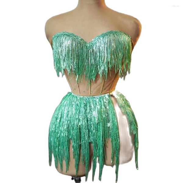 Stage Women Sexy Green Sequin Tessel Tessel Tessel Set Bling Dancewear Shining Tassel Party Bra Dance Disten corto