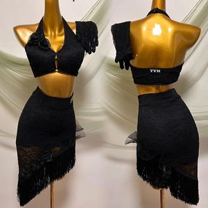 Stage Wear Women Sexy Lace Latin Dance Kostuum Zwart Halter Tops Tassel Rok Chacha Samba Danser Dessa Salsa Tango Practice VDB8027