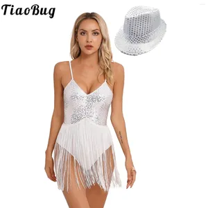 Stage Wear Femmes Sexy Latin Chacha Costumes de danse Performance Glittery Glitter Body à franges Col V Bretelles réglables Gland Justaucorps Chapeau