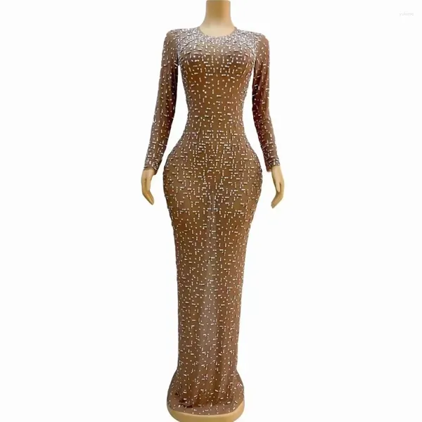 Stage Wear Femmes Sexy Brillant Argent Strass Nude Mesh Robe Transparente Anniversaire Célébrer Bal Voir À Travers Poshoot